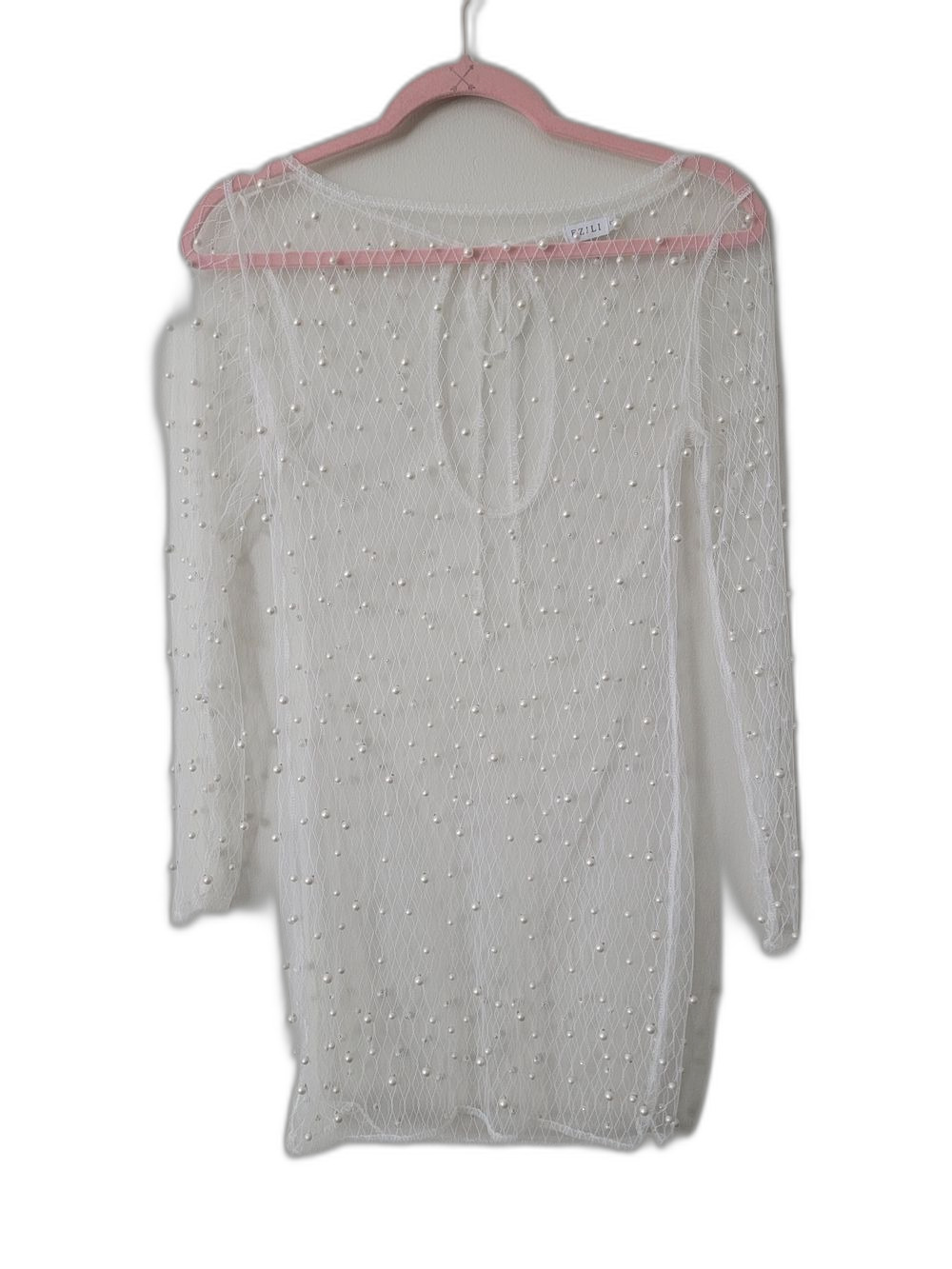 Pearl-Embellished White Sheer Mini Dress Beach Cover